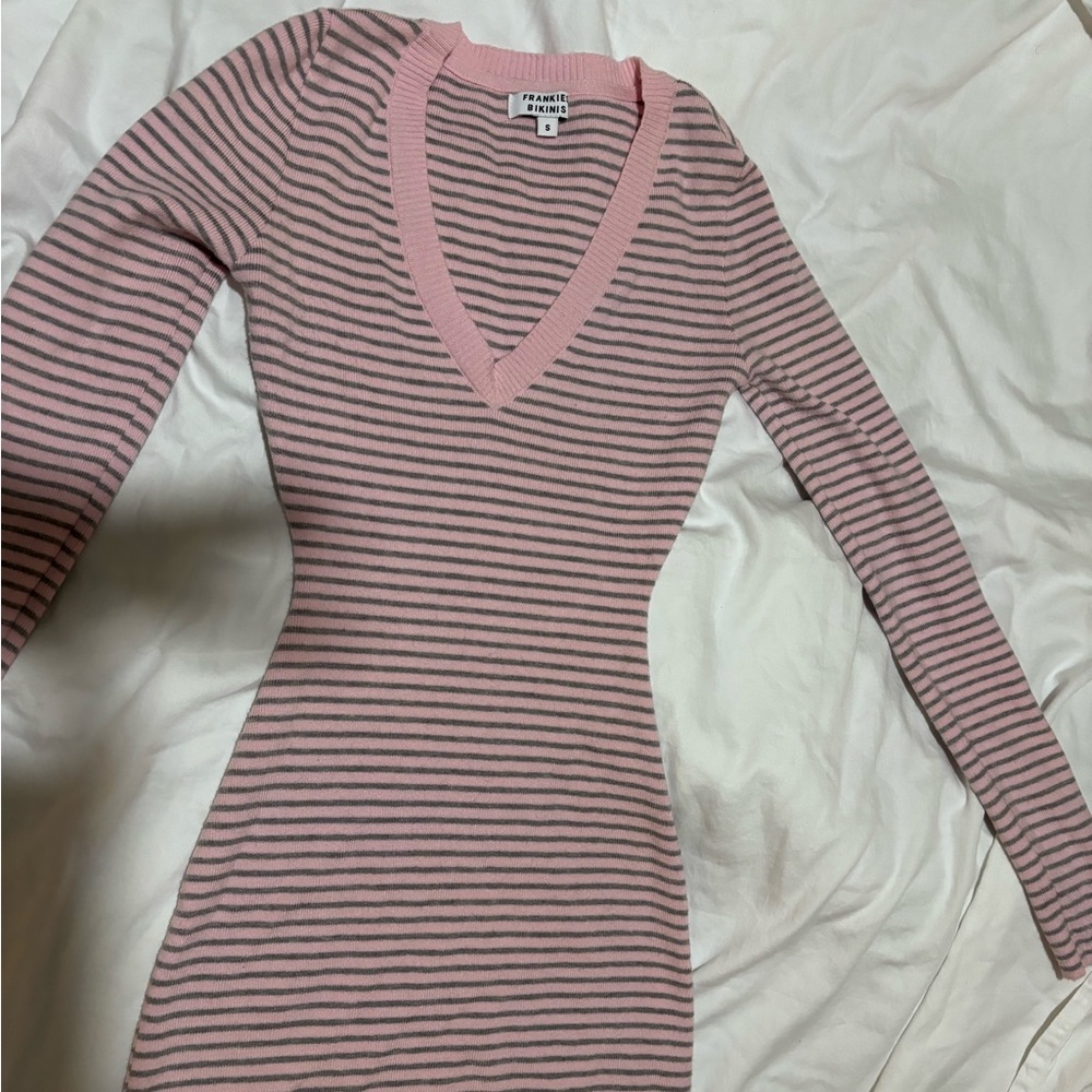 Pink Striped V-Neck Knitted Dress Frankies Bikinis